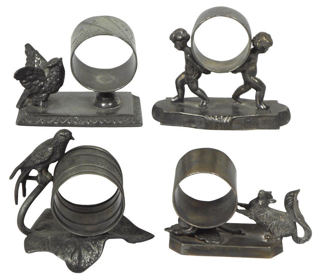 Victorian figural napkin rings (4), c.1870-1900, : Victorian figural napkin rings (4), c.1870-1900, silver-plated birds, fox & 2 children, all VG cond w/orig patina, 2.75" to 3"H.