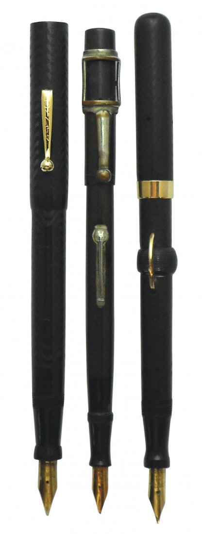 Fountain pens (3), Waterman's Ideal, c.1907-18, l: Fountain pens (3), Waterman's Ideal, c.1907-18, lever-fill, brown, 5.25"L; Dunn, c.1921, pump-fill, pump cap cracked, black, 5.5"L & Conklin Crescent, c.1908, black, 5.25"L, VG to Exc cond.