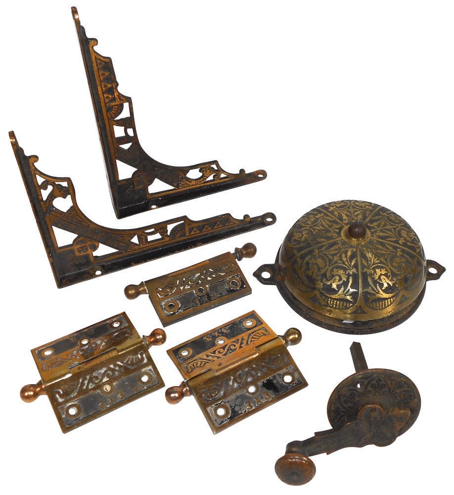 Door hardware, Russell & Erwin bronze Japanesque : Door hardware, Russell & Erwin bronze Japanesque Victorian 2-pc doorbell, 3 hinges & 2 iron brackets, all VG cond w/orig surface, doorbell is 5"Dia.
