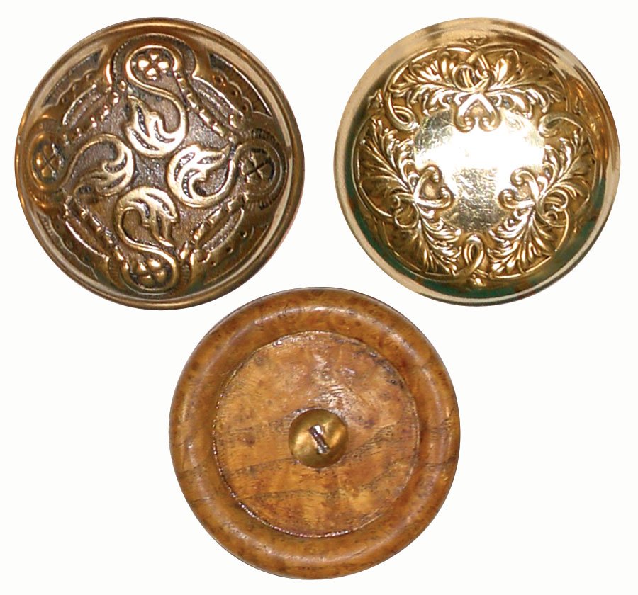Door hardware, door knobs (3), 2 brass, c.1885 &: Door hardware, door knobs (3), 2 brass, c.1885 & 1905 & a gorgeous Carpathian Elm burled wooden knob, c. late 1800's, all Exc cond, ea 2.25"Dia.