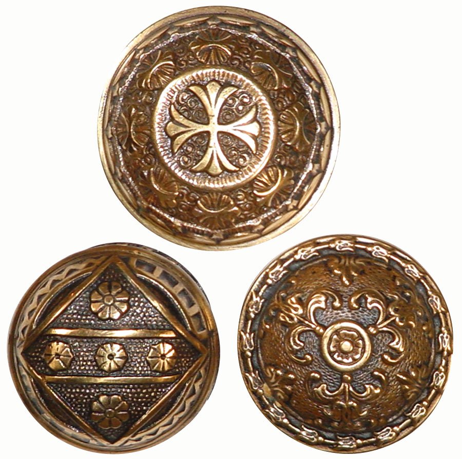 Door hardware, door knobs (3) all brass, one entr: Door hardware, door knobs (3) all brass, one entry-sized knob w/great pattern, c.1885, another c.1885 & one w/matching door escutcheon (escutcheon not pictured), all Exc cond, 2.25" to 2 5/8"Dias.