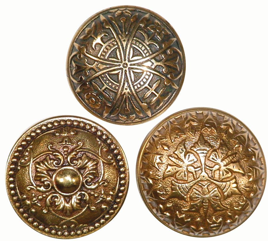 Door hardware, door knobs (3), all brass, one w/b: Door hardware, door knobs (3), all brass, one w/butterflies, c.1885, one stamped brass, c.1905 & one c.1885, all Exc cond, 2.25"Dias.