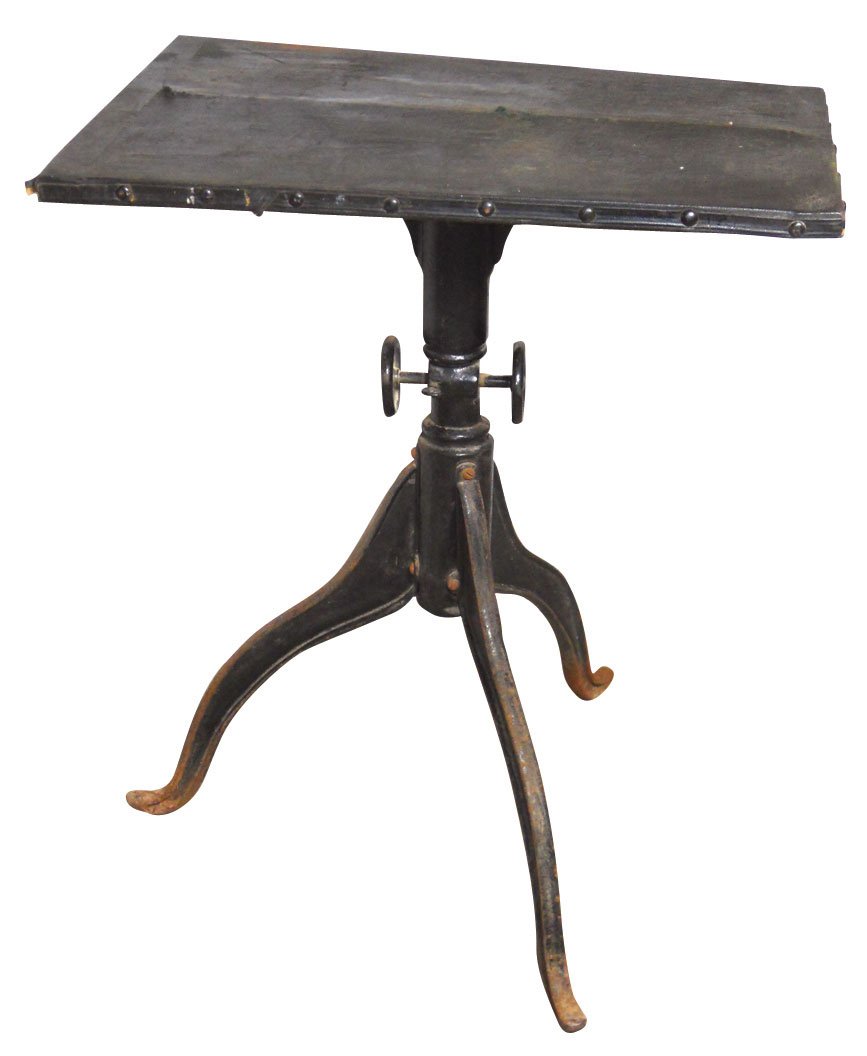 Industrial drafting table, cast iron, adjust heig: Industrial drafting table, cast iron, adjust height by turning knob at center, orig leather top, VG orig cond, 31"H x 24"W x 16"D.