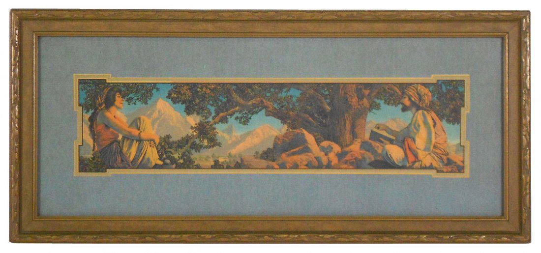 Print, Maxfield Parrish "The Rubaiyat," 3.75"H x: Print, Maxfield Parrish "The Rubaiyat," 3.75"H x 14.75"W image w/orig mat, frame & paper verse on back, VG/Exc orig cond, frame is 8.75"H x 19.5"W.