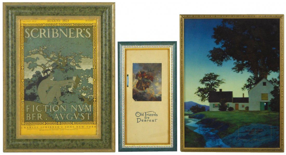 Prints (3), Maxfield Parrish, "Twilight," adverti: Prints (3), Maxfield Parrish, "Twilight," advertising for Elm Grove Dairy, Neil Mol, Telephone 7-2301, full image in 11"H x 8.5"W frame; "Old Friends are Dearest" booklet (small image on front of book