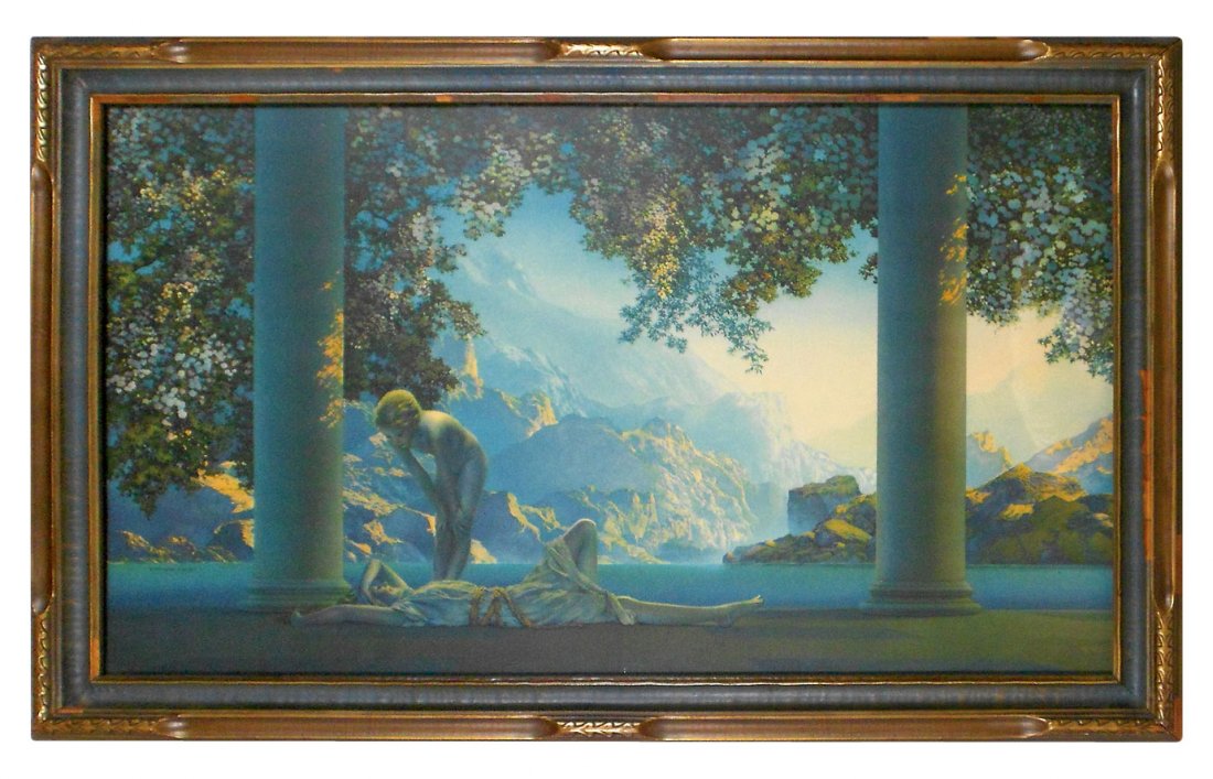 Print, Maxfield Parrish, "Daybreak," House of Art: Print, Maxfield Parrish, "Daybreak," House of Art N.Y., 1923, one of Parrish's best known works of art, 22"H x 34.25"W, orig frame shows some wear, o/wise VG cond.