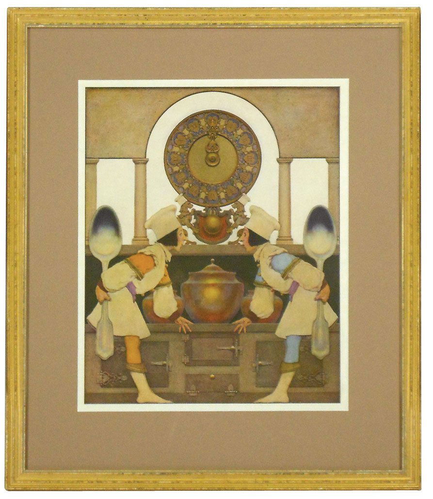 Prints (2), Maxfield Parrish, "Two Pottery Cooks: Prints (2), Maxfield Parrish, "Two Pottery Cooks: Blue Hose and Yellow Hose," from "The Knave of Hearts," image 12.25"H x 10.25"W in matted 18.25"H x 16.25"W frame & "The Knave of Hearts," 12.5"H x 10