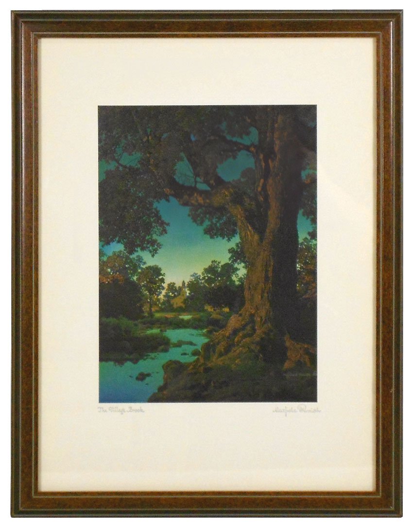 Prints (2) Maxfield Parrish (2), "The Village Bro: Prints (2) Maxfield Parrish (2), "The Village Brook,", 10.75"H x 8"W image in matted 18.75"H x 14.5"W frame & "Thy Templed Hills", 10.75"H x 8.5"W image in 19"H x 14.5"W matted frame, wood frames, bot