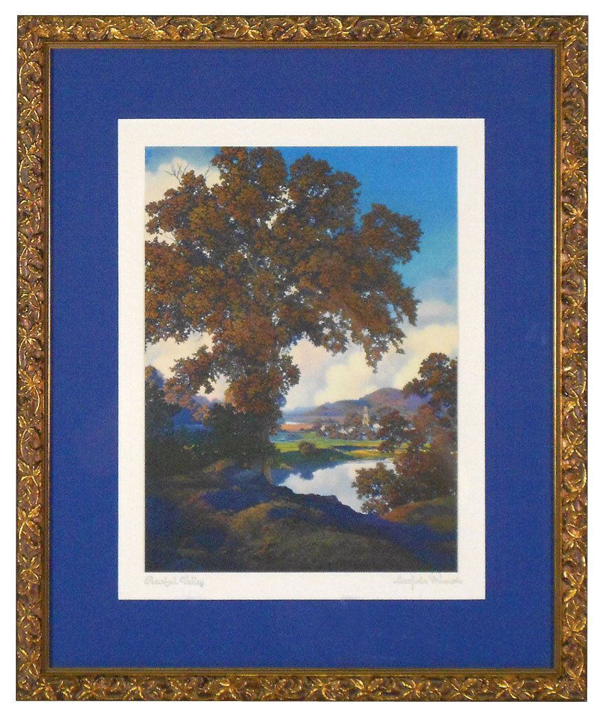 Prints(2), Maxfield Parrish, "Peaceful Valley,": Prints(2), Maxfield Parrish, "Peaceful Valley," (also known as "Homestead"), 11"H x 8"W image in matted 17.75"H x 14.75"W frame & "The Path to Home," 8.5"H x 11"W in matted 15"H x 17.5"W frame, Parris