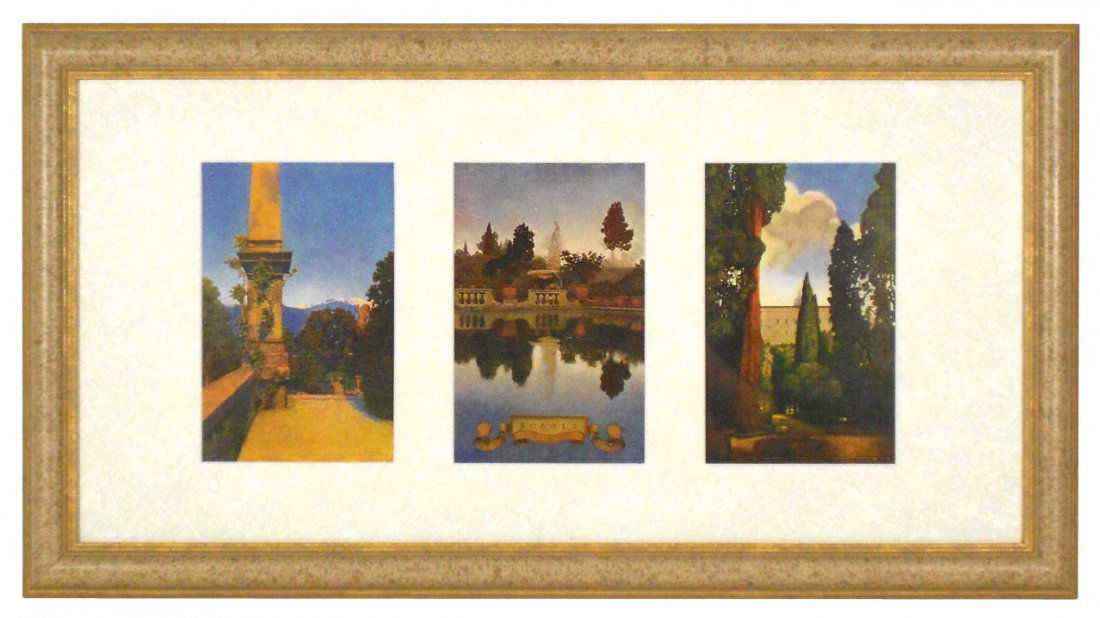 Prints (2), Maxfield Parrish, "Italian Villas and: Prints (2), Maxfield Parrish, "Italian Villas and Their Gardens," Boboli in center & "Italian Villas and Their Gardens, Vicobello at center & Villa Gori at right, images are 7.5"H x 4.75"W in 14.5"H x