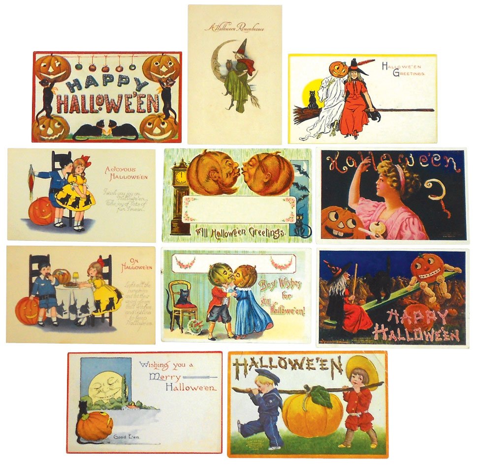 Halloween postcards (11), 8 unposted (some w/writ: Halloween postcards (11), 8 unposted (some w/writing), others stamped early 1900's, incl 2 kissing pumpkin heads (1 printed in Germany, 1 printed in Saxony), Gibson Art, Int'l Art, 1 spec Am by Valent