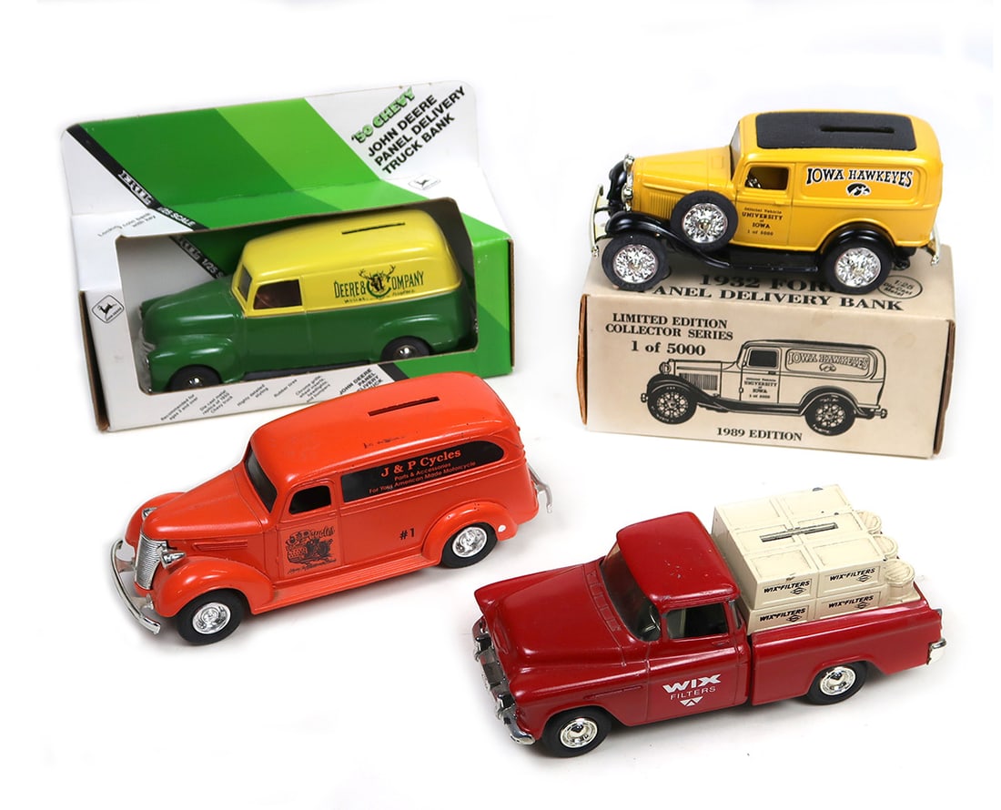 Toy Scale Models (4), Ertl, 1938 Panel Truck J & P Cycles Bank, 1950 Chevy (1 of 2)