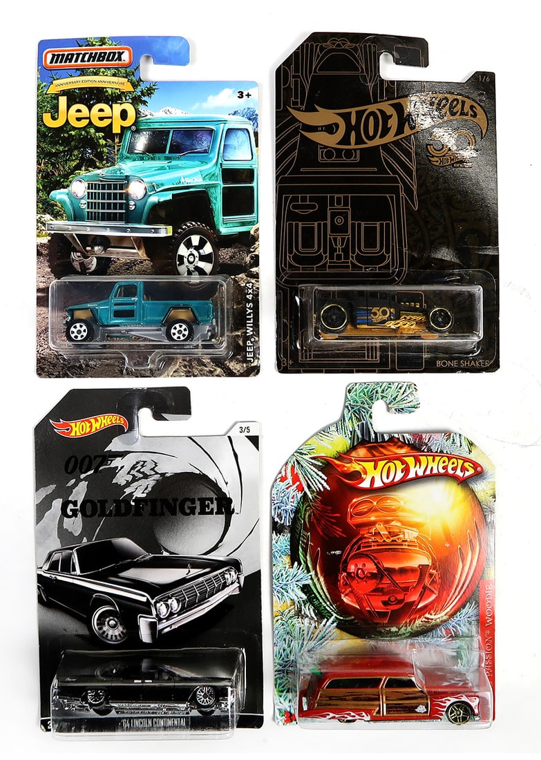 Hot Wheels (4) Purple Passion Woodie, Bone Shaker, '64 Lincoln Continental: Hot Wheels (4) Purple Passion Woodie, Bone Shaker, '64 Lincoln Continental & Matchbox Jeep Willys 4x4, 3.5" L.