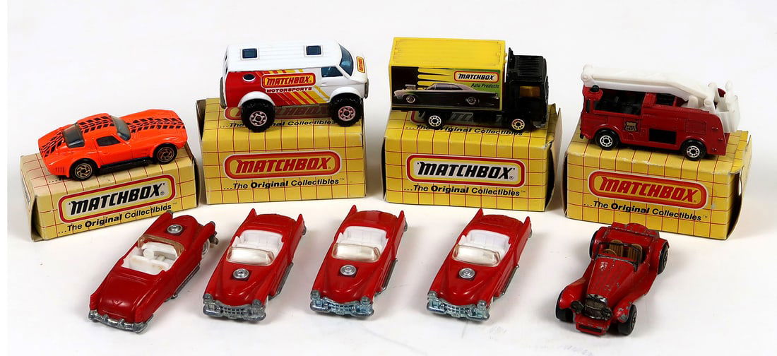 Toy Cars (9), incl Matchbox (5), MB2 Corvette Grand Sport, MB26 4x4 Chevy V: Toy Cars (9), incl Matchbox (5), MB2 Corvette Grand Sport, MB26 4x4 Chevy Van, MB63 Snorkel Fire Engine, MB23 Volvo Container (in boxes) S3 100 Jaguar. Hot Wheels (4) Macdonald's Red 1953 Cadillac El