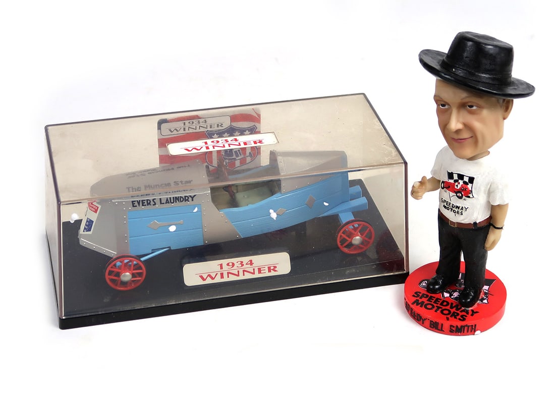 Speedway Motors "Speedy Bill Smith" Bobblehead Doll & Nylint Soap Box Derby: Speedway Motors "Speedy Bill Smith" Bobblehead Doll & Nylint Soap Box Derby Downhill Heros 1934 Winner, New In Boxes, 10.5" L.