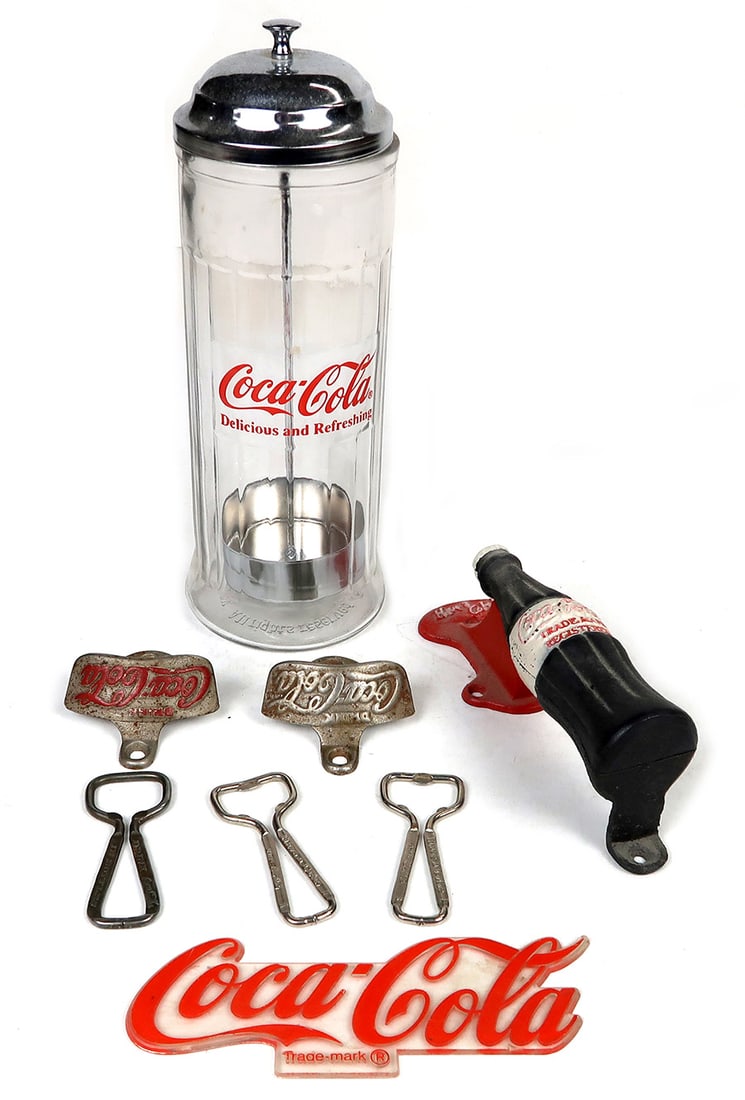 Coca-Cola items (8), incl Straw Holder, Door Handle, Bottle Openers & sign, (1 of 2)
