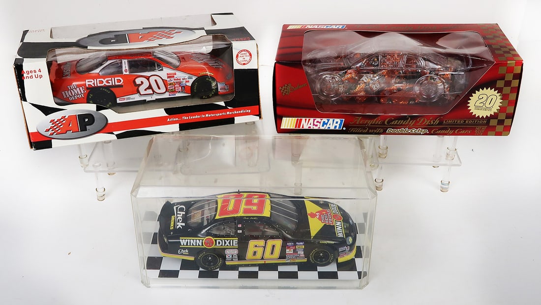 Nascars (2), Winn Dixie & Home Depot plus 1 Nascar Candy Dish, Exc cond & M: Nascars (2), Winn Dixie & Home Depot plus 1 Nascar Candy Dish, Exc cond & MIB, 10" L.