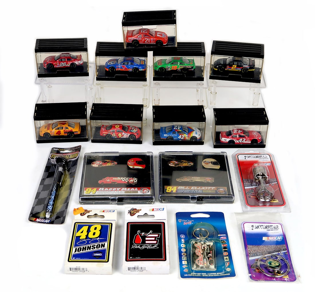 Nascar Collectibles (17), incl bobbleheads, playing cards, enamel pins & Ra: Nascar Collectibles (17), incl bobbleheads, playing cards, enamel pins & Racing Champion miniatures, mostly new in packages, largest 9"L.