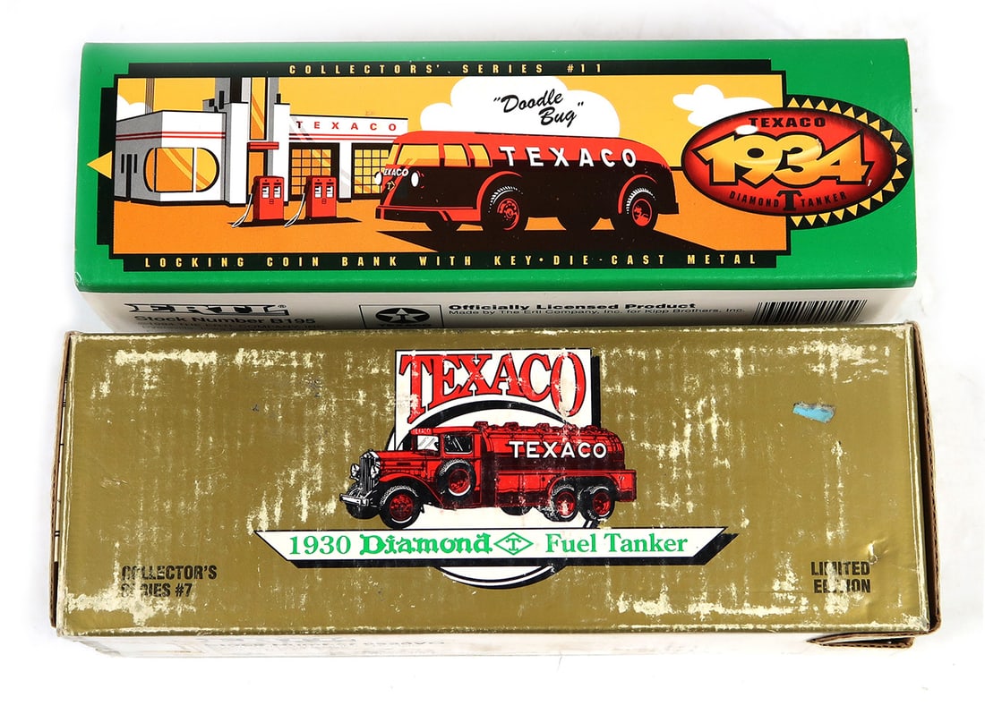 Texaco Tank Truck Banks (2), die-cast 1930 & 1934 by Ertl, MIB, 8.5"L.: Texaco Tank Truck Banks (2), die-cast 1930 & 1934 by Ertl, MIB, 8.5"L.