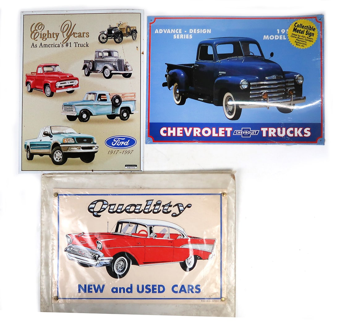 Garage Signs (3), Tin Litho, Chevy & Ford trucks & an embossed "Quality N (1 of 1)