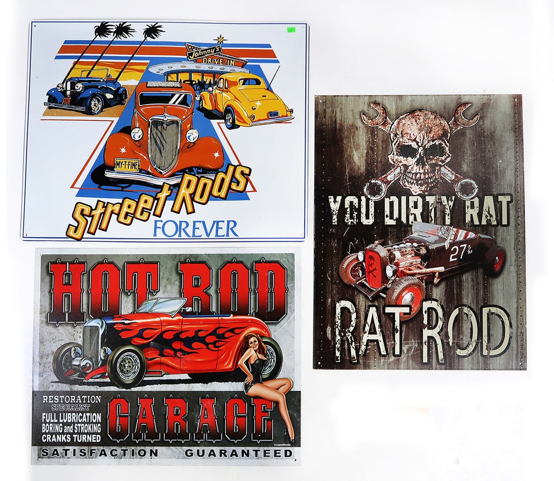 Hot Rod Garage Signs (3), Tin Litho w/interesting graphics incl an embossed (1 of 1)