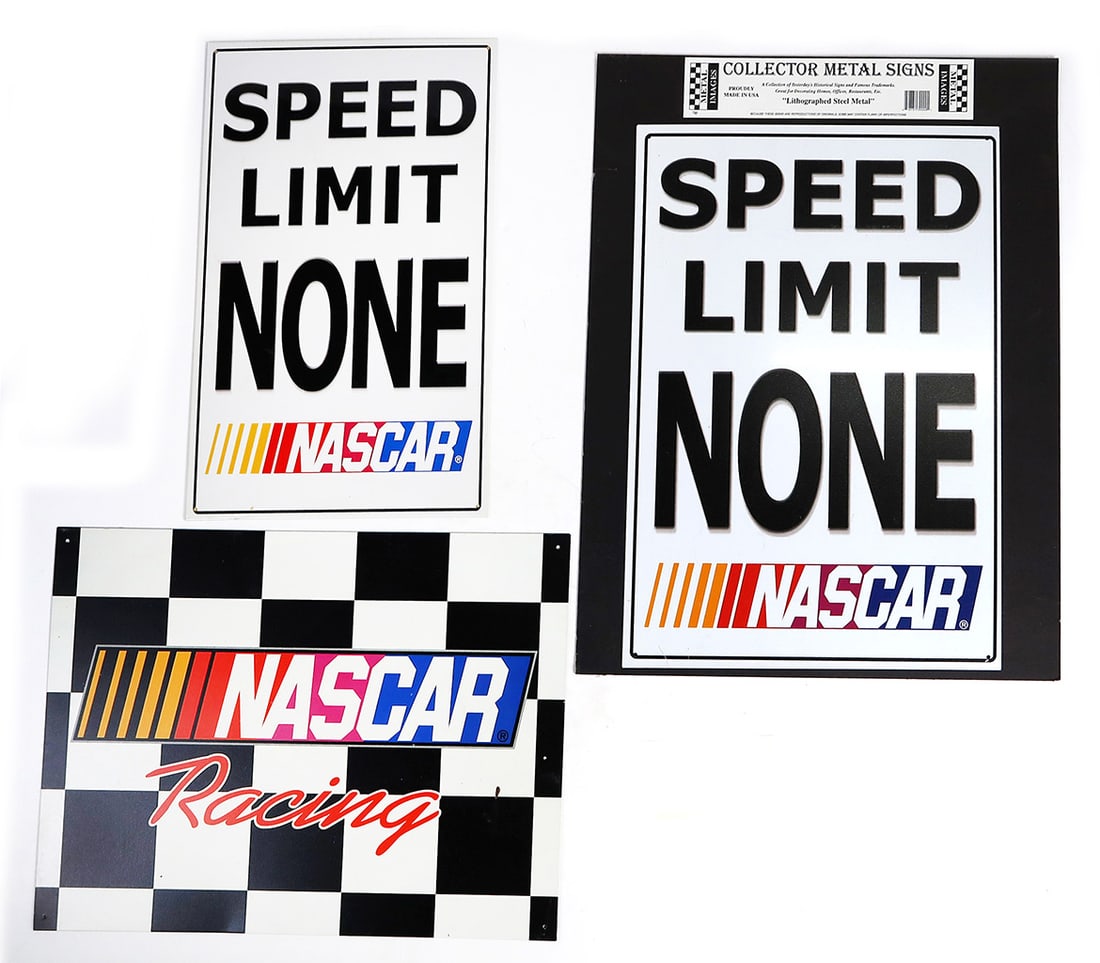 Nascar Garage Signs (3), Tin Litho, Exc-New cond, largest 18"H x 13"W. (1 of 1)