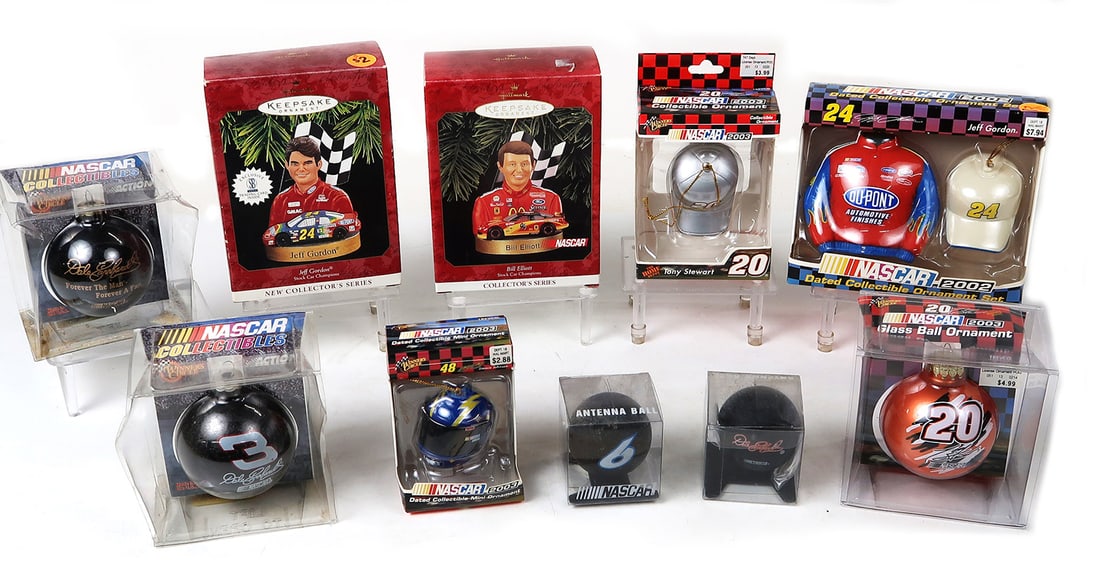 Nascar Ornaments (10), including Dale Earnhardt & Jeff Gordon, all New In P: Nascar Ornaments (10), including Dale Earnhardt & Jeff Gordon, all New In Package, largest 6"H.