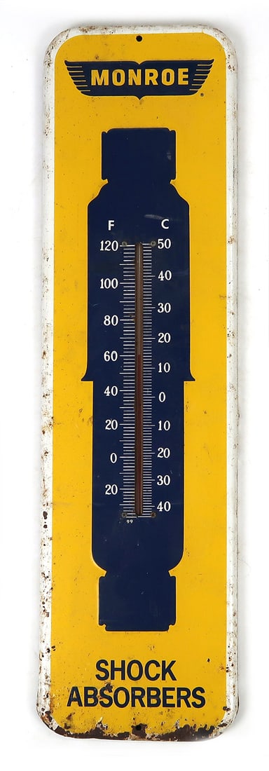 Monroe Shocks Advertising Thermometer, embossed pressed steel w/figural sho (1 of 2)