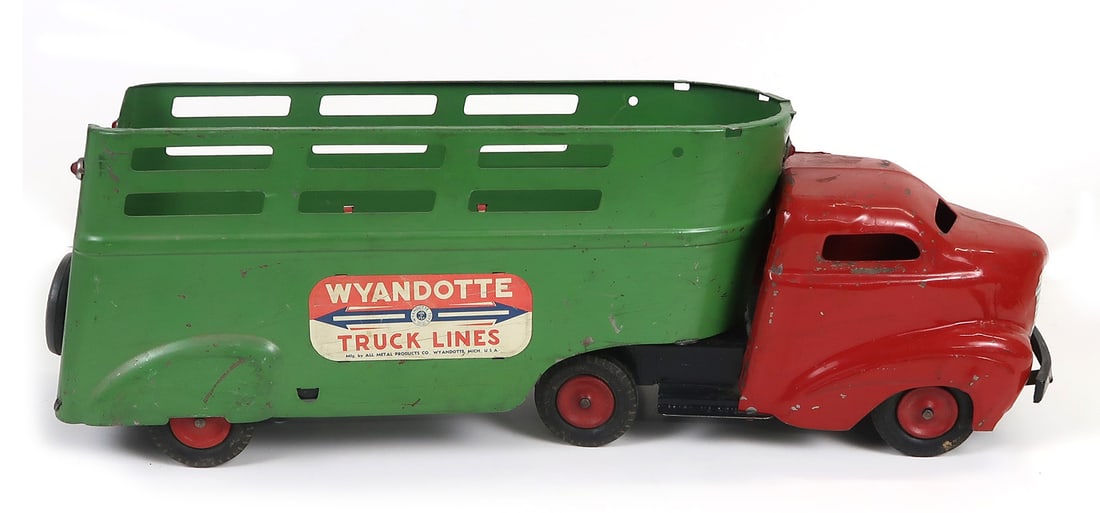 Wyandotte Truck Lines Shark Nose Delivery Truck & Trailer, Pressed Steel, 1: Wyandotte Truck Lines Shark Nose Delivery Truck & Trailer, Pressed Steel, 1940s, w/broken connection, Good+ cond, 25" L.