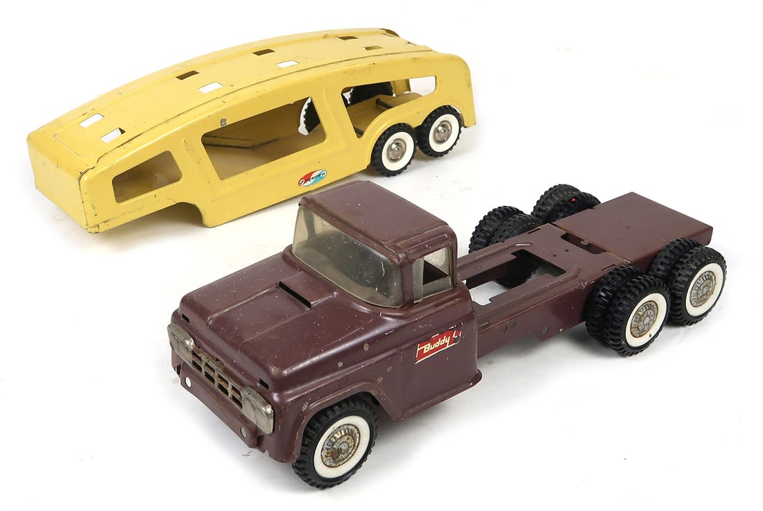 Car Hauler Transport Trailer, made by Structo, 1960s & Buddy L Flatbed Truc (1 of 1)