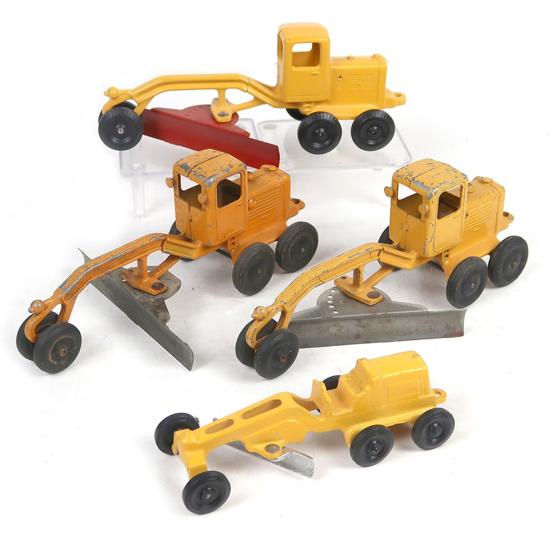 Toy Die-Cast Road Graters (4), VG to Exc cond, largest 9.5"L.: Toy Die-Cast Road Graters (4), VG to Exc cond, largest 9.5"L.