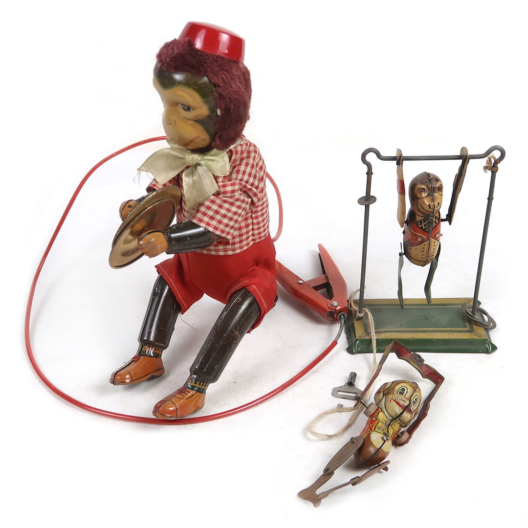 Vintage Toy Monkees (3), tin litho mechanical cymbal player & two acrobats (1 of 1)