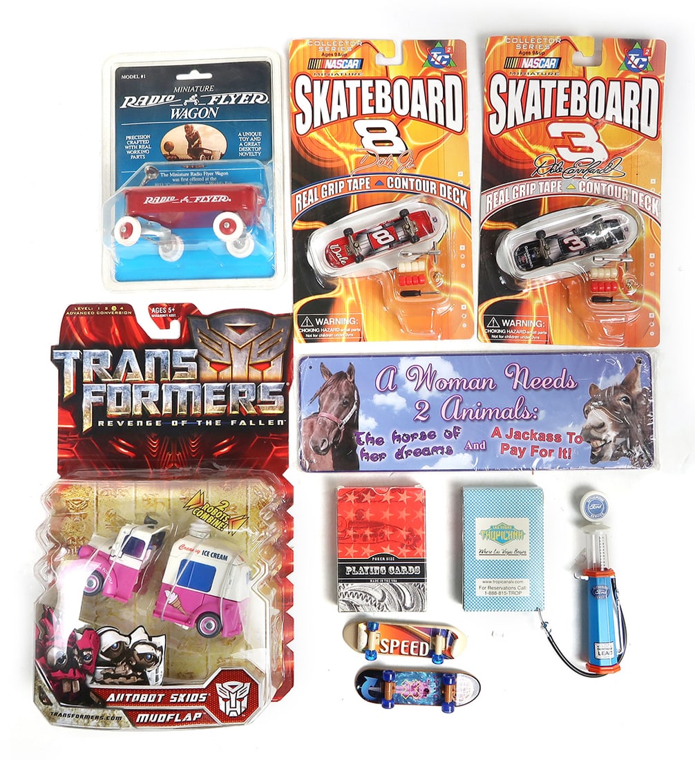Toys & Novelties (10), mostly new in packages incl. Nascar skateboards, Tra (1 of 1)