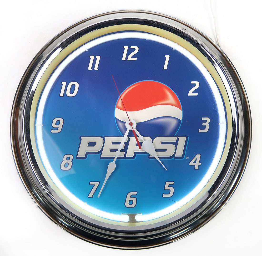 Pepsi Neon Clock, white neon w/quartz battery mechanism, VG working cond, 1 (1 of 1)