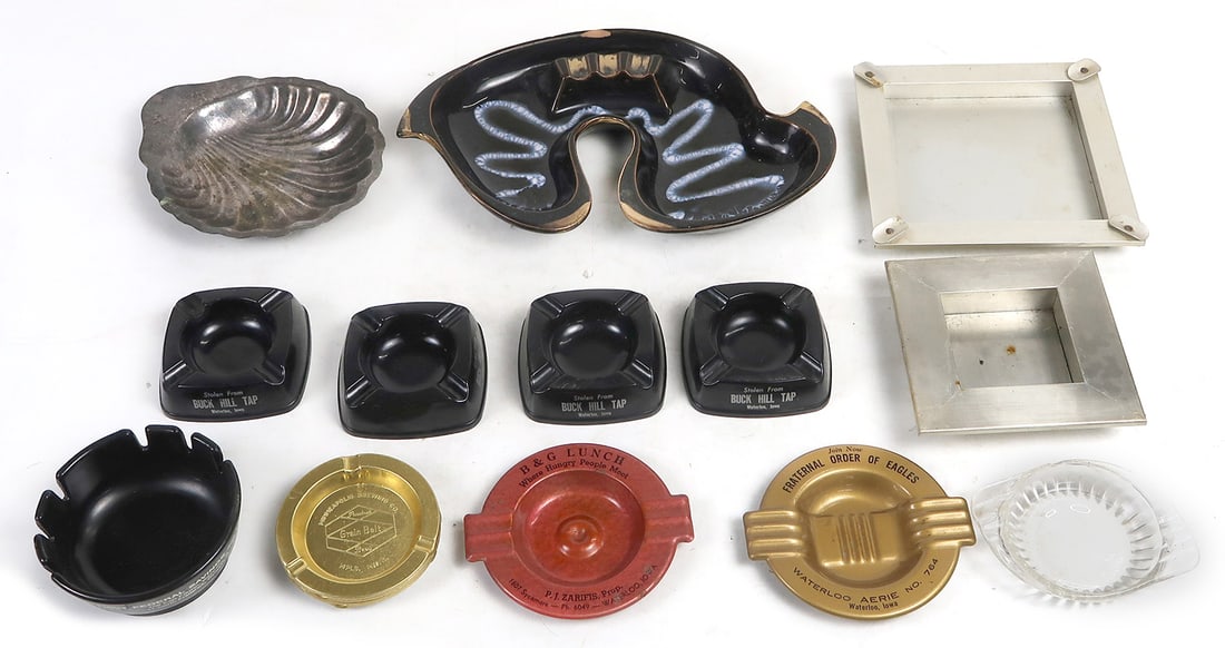 Collectibles (13), Stolen From Buck Hill Tap Waterloo Iowa Plastic Ashtray: Collectibles (13), Stolen From Buck Hill Tap Waterloo Iowa Plastic Ashtray (4), Grain Belt Metal Ashtray (6), Metal B&G Lunch Waterloo Iowa Ashtray, Metal Fraternal Order of Eagles Waterloo, Iowa, Gla