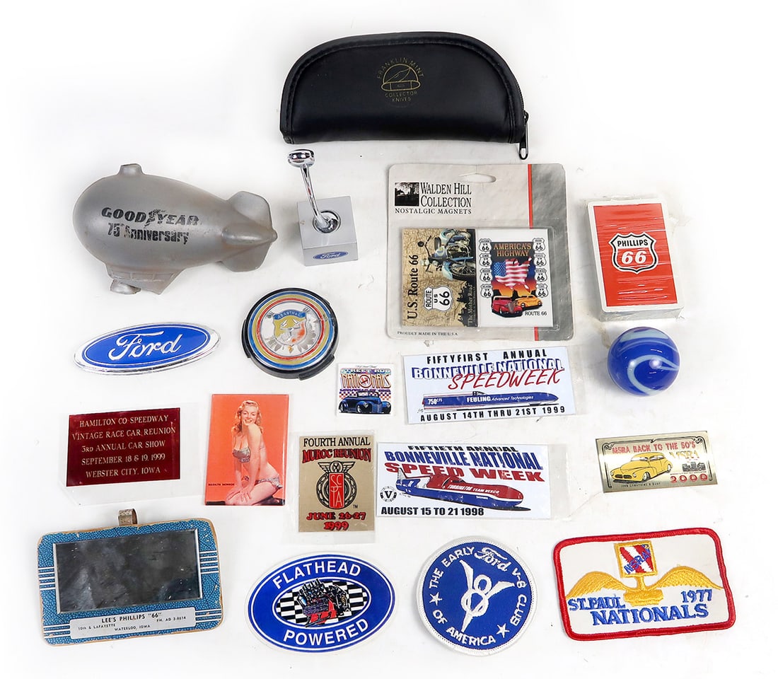 Collectibles (18), Phillips 66 Playing Cards, Marilyn Monroe Small Mirror,: Collectibles (18), Phillips 66 Playing Cards, Marilyn Monroe Small Mirror, St. Paul 1977 Nationals Patch, Ford V8 Patch, Bonneville National Speed Week Decals (2), Flathead Powered Sticker, MSRA Back
