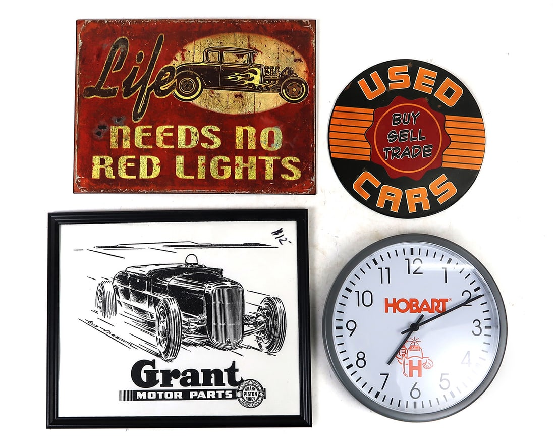 Hot Rod Garage Decor (4), Grant Motor Parts Graphic, No Red Lights, Hobart: Hot Rod Garage Decor (4), Grant Motor Parts Graphic, No Red Lights, Hobart thermometer & used car plaque, Exc cond, largest 12"H x 15"W.