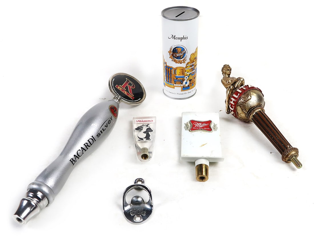 Breweriana (6), Hamm's Acrylic Tap Handle, Miller High Life Beer Tap Handle: Breweriana (6), Hamm's Acrylic Tap Handle, Miller High Life Beer Tap Handle, Schlitz Brewing Bar Tap Handle Woman On Globe, Bacardi Silver RAZ Beer Tap Handle, 1974 Jos. Schlitz Brewing Co. Memphis Ti