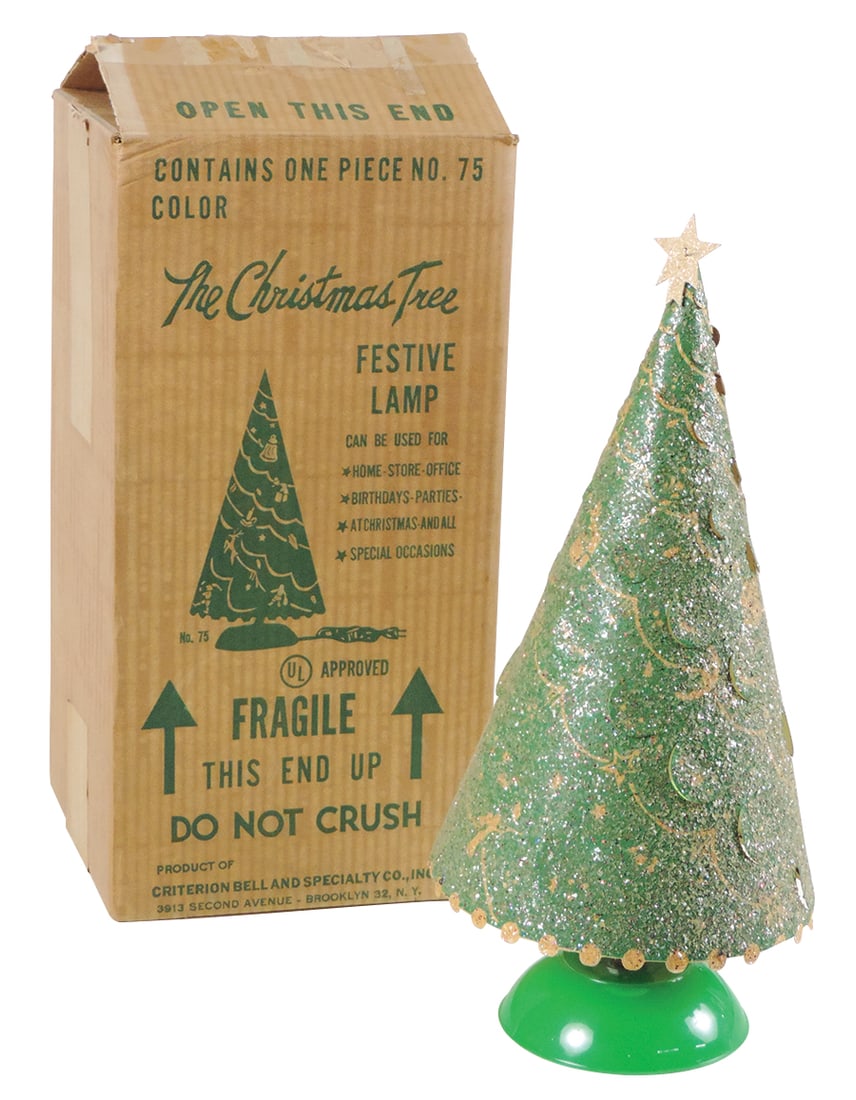 Christmas Motion Tree Novelty Lamp, MCM decorated heavy paper w/lighted base, No.75 mfgd by (1 of 2)