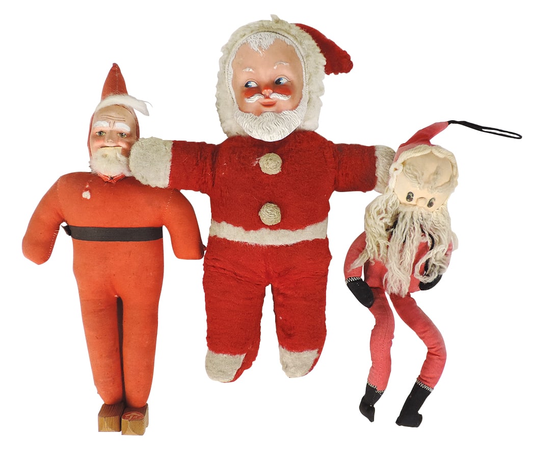Santa Claus Dolls (3), vinyl-faced overstuffed painted gauze w/wooden shoes marked DA & cloth doll, (1 of 1)