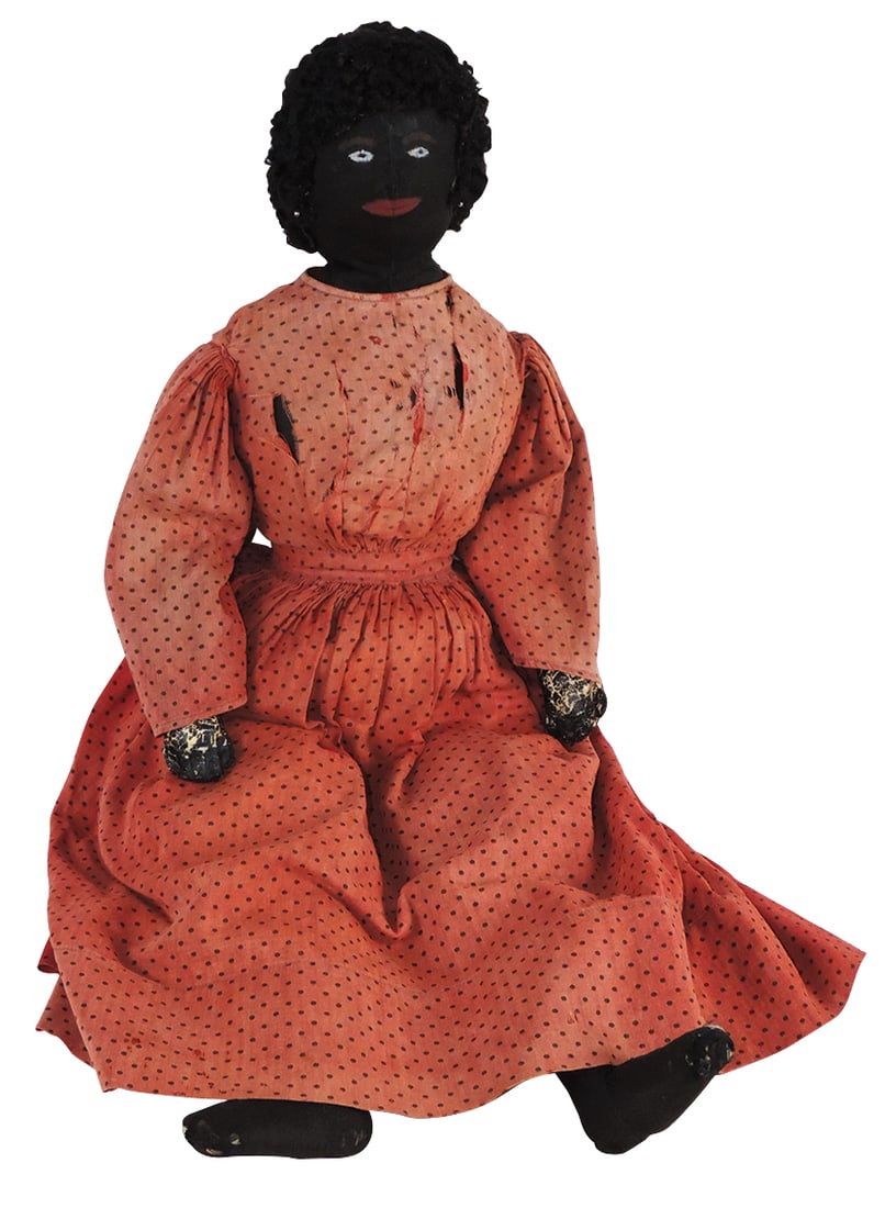 Black Americana Cloth Doll, hand-made late 1800's w/karakul hair & dotted Swiss dress, Good+ cond (1 of 2)