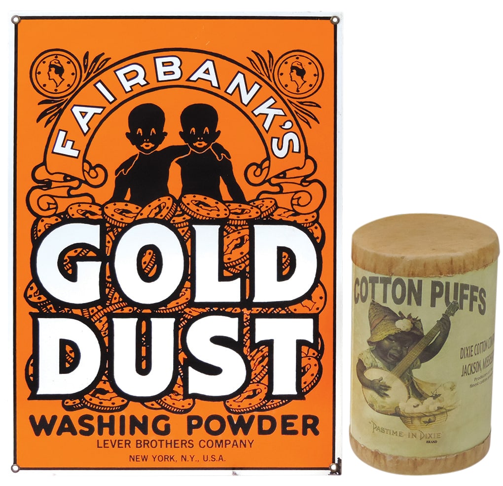 Black Americana Sign & Container (2), Gold Dust, SSP on steel & "Cotton Puffs" container, litho on: Black Americana Sign & Container (2), Gold Dust, SSP on steel & "Cotton Puffs" container, litho on paper, both contemporary in Exc cond, larger 17"H x 11"W.