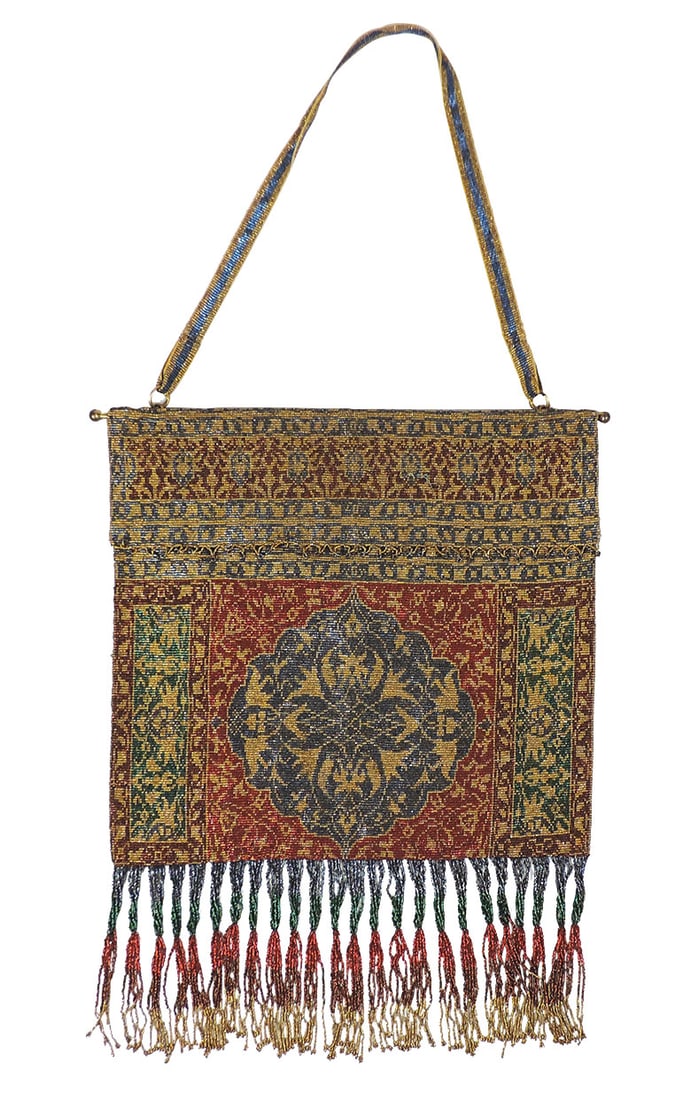 Ladies Purse, 4-color cut steel micro beaded in Orientalist design suspended on gilt bar w/flap, Exc (1 of 1)