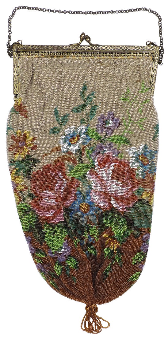 Ladies Purse, micro beaded bag w/large red roses on embossed gilt metal frame, VG cond w/couple (1 of 1)