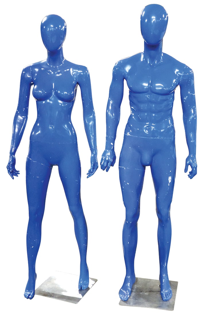 Department Store Mannequins (2), glossy blue resin man & woman eggheads, contemporary, VG cond (1 of 1)