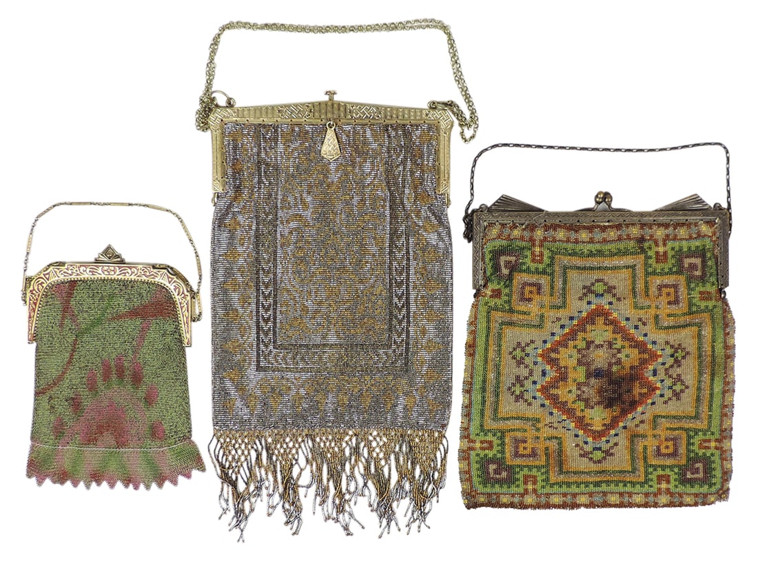 Ladies Purses (3), Art Deco kid micro beaded w/kid lining, gilt frame cut steel & enameled baby (1 of 1)