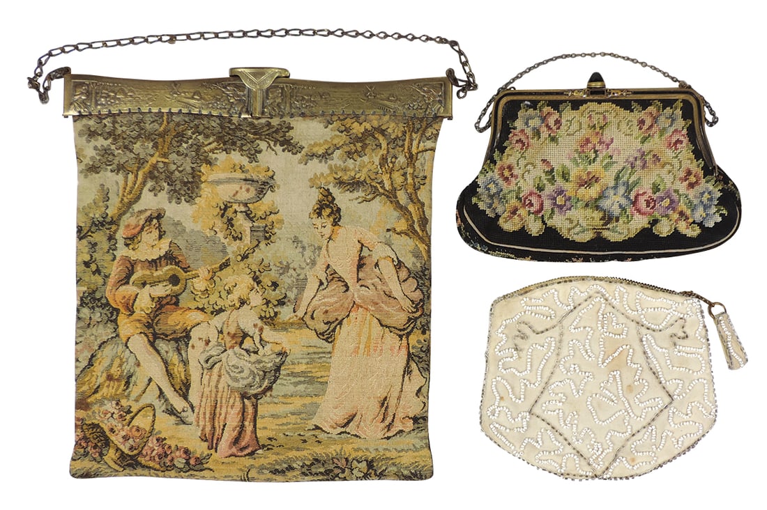 Ladies Purses (3), large tapestry woven bag of courting couple & scenic embossed 4-section fold-out (1 of 1)
