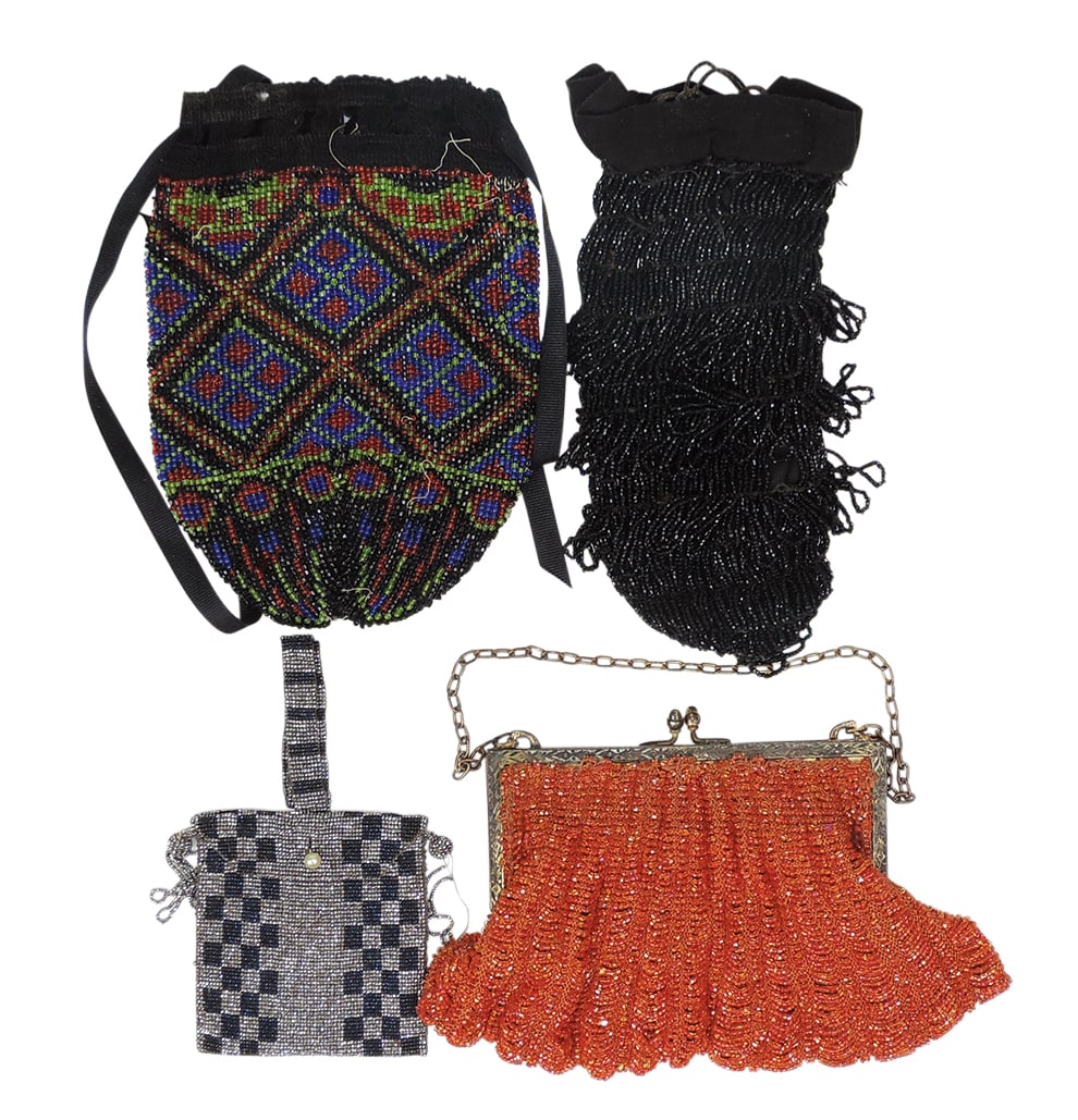 Ladies Purses (4), two glass beaded drawstring, glass beaded lazy stitched w/metal frame & (1 of 1)