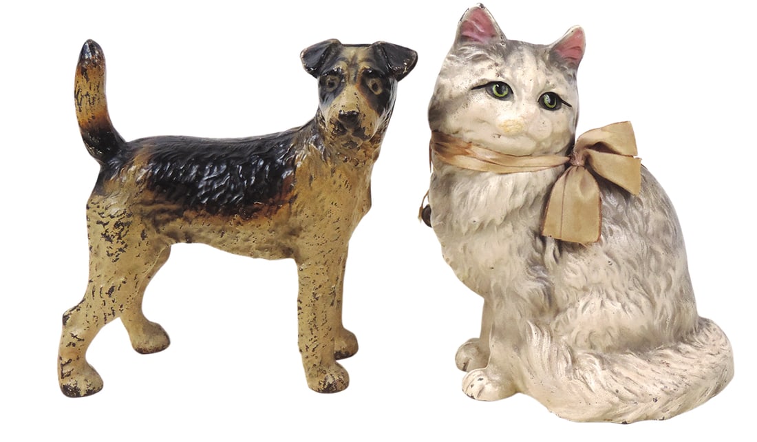 Door Stops (2), Hubley cat & dog, cast iron, cat has orig bow & bell that is usually missing, Exc (1 of 1)