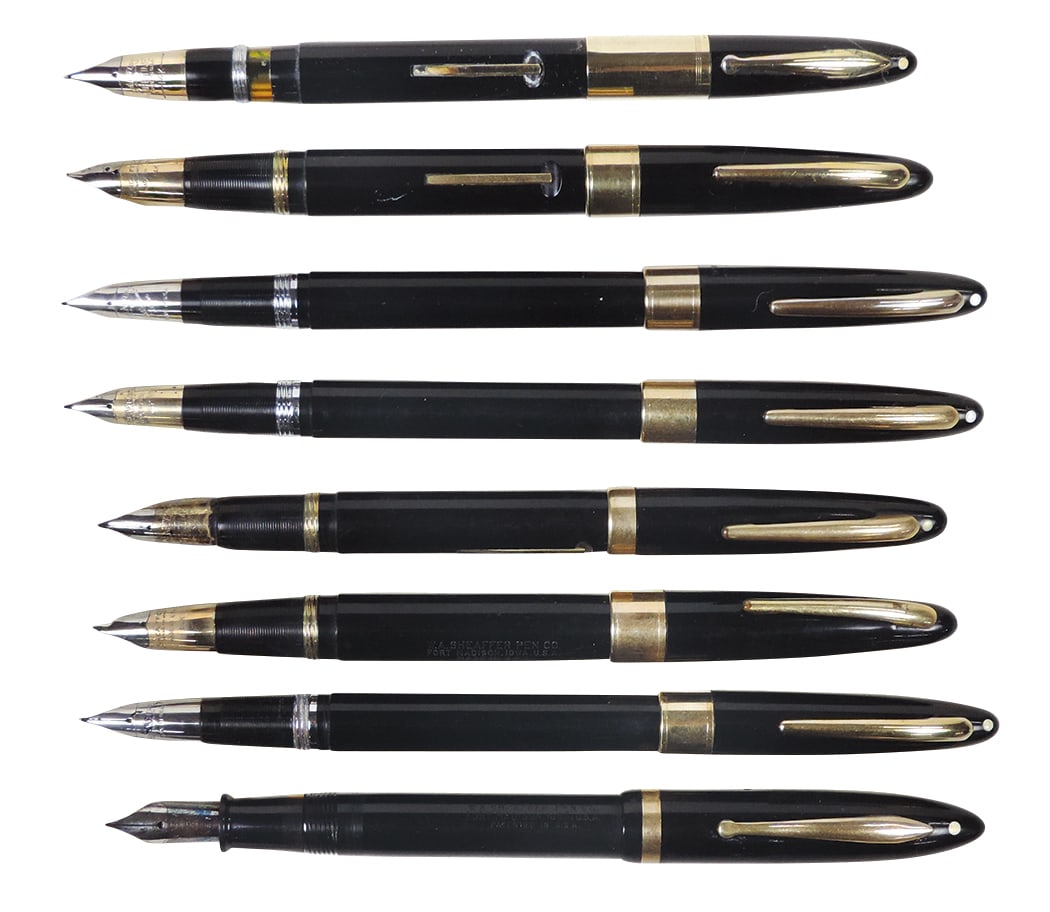 Fountain Pens (8), all Sheaffer black w/gold trim, 3 snorkels & 5 lever fill, VG or better untested (1 of 2)